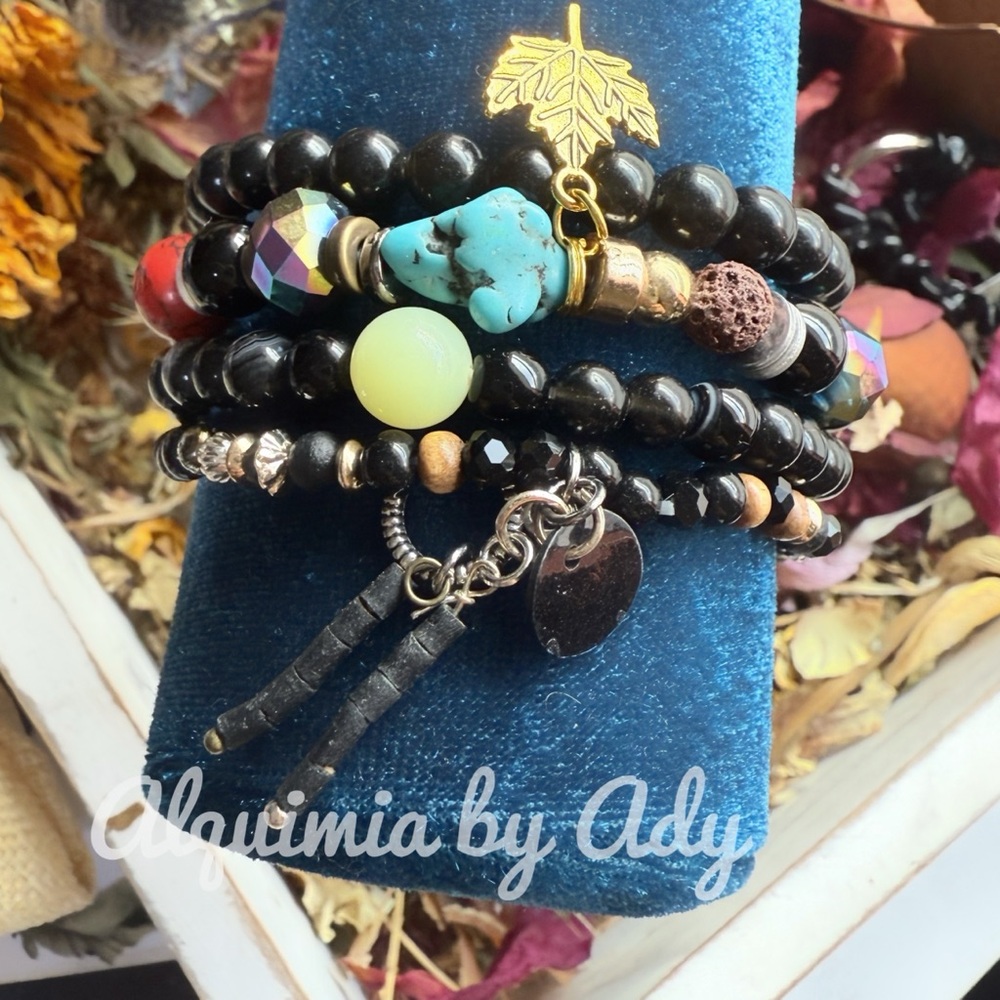 Colorful Black Onyx Statement Stack Set Bracelets 140$